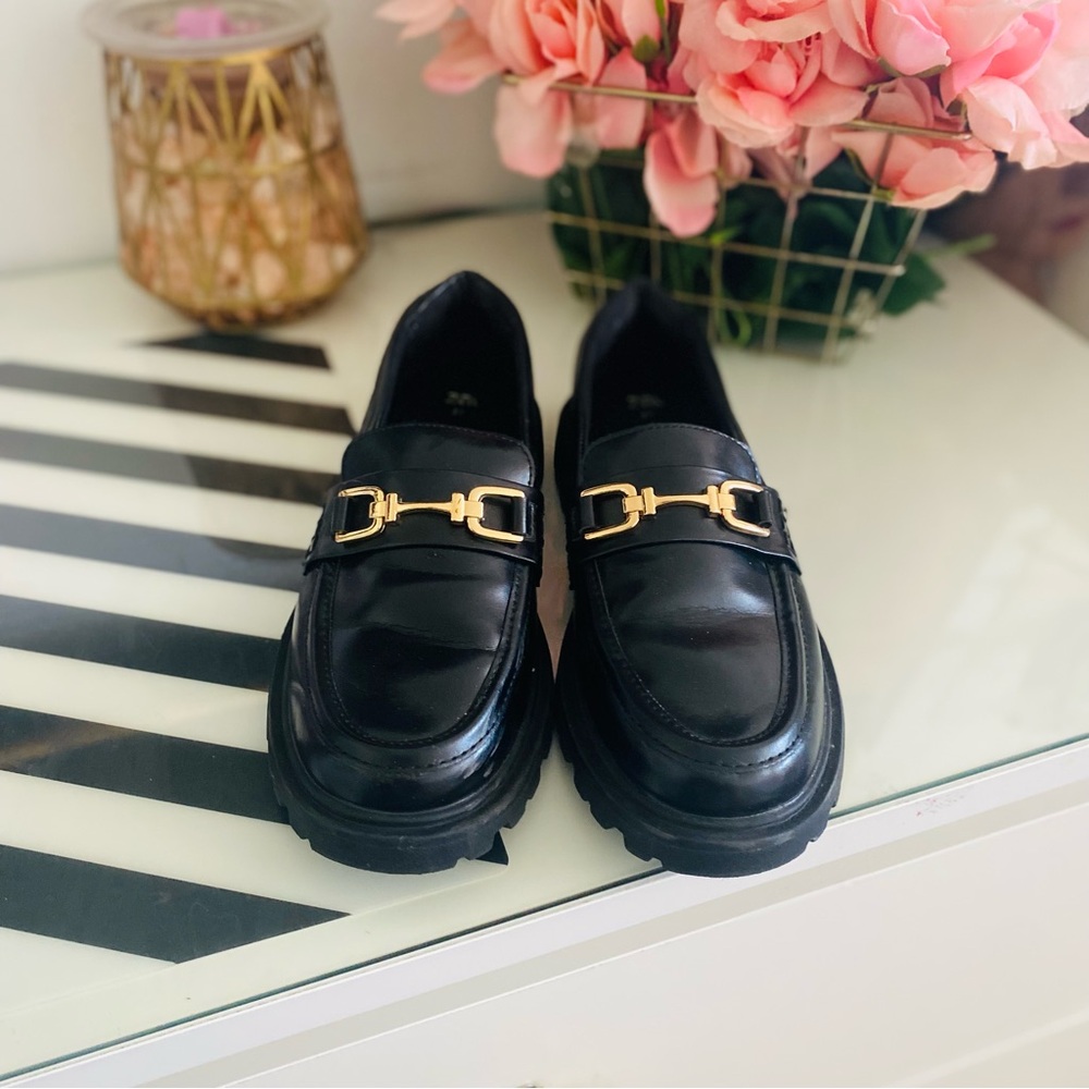 Zara Black Horsebit Platform Chucky Loafers